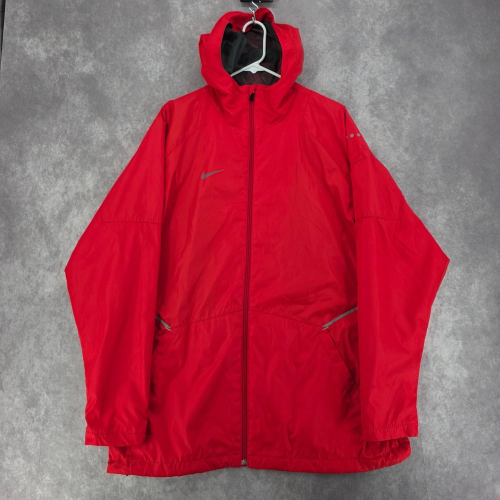 Nike Storm-FIT Running Jacket Mens Large Red Full Zip Hooded Reflective Shell